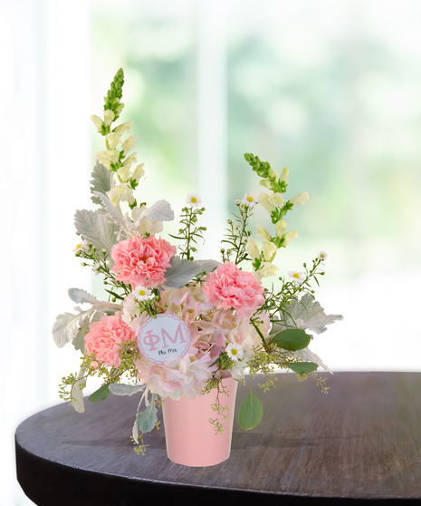 Phi Mu Pink Carnation Cube Arrangement with Pink and White ribbon for Rush Week delivered Baton Rouge LA