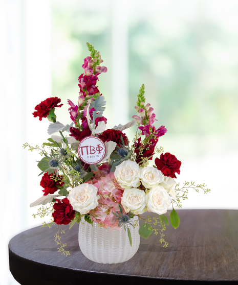 pi phi burgundy carnation cube arrangement blue and burgundy ribbon for rush week in baton rouge la
