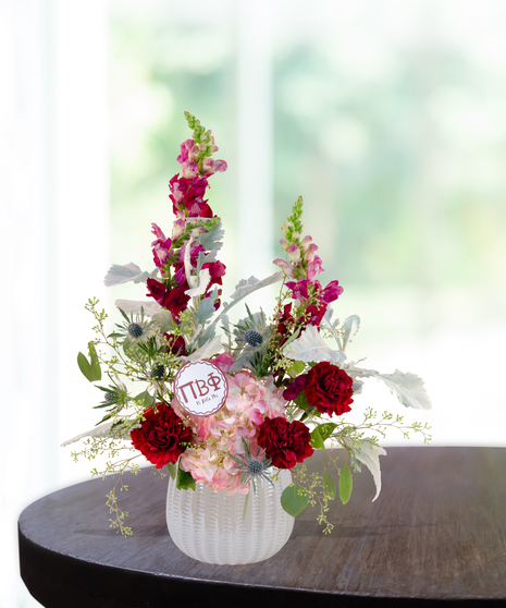 pi phi burgundy carnation cube arrangement blue and burgundy ribbon for rush week in baton rouge la