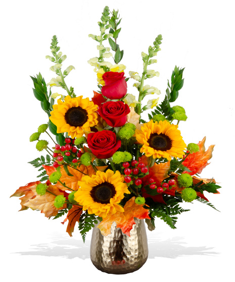 red roses yellow snapdragons sunflowers green button poms autumn fall arrangement delivered same day billy heroman's  baton rouge florist