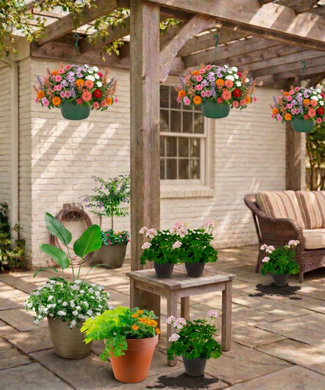 Outdoor patio scene with  pre-planted container gardens including hanging baskets, floor planters with pink geraniums, green foliage, illustrating the Instant Patio Package.
