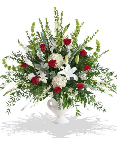 Red and White Tradition urn arrangement delivered in Baton Rouge, LA. 