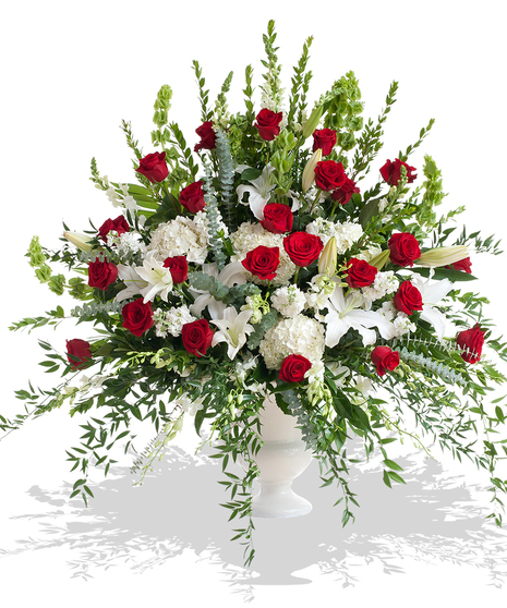 Red and White Tradition urn arrangement delivered in Baton Rouge, LA. 