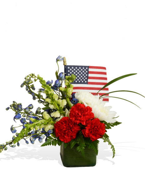 red white blue cube arrangement hydrangea roses carnations baton rouge la