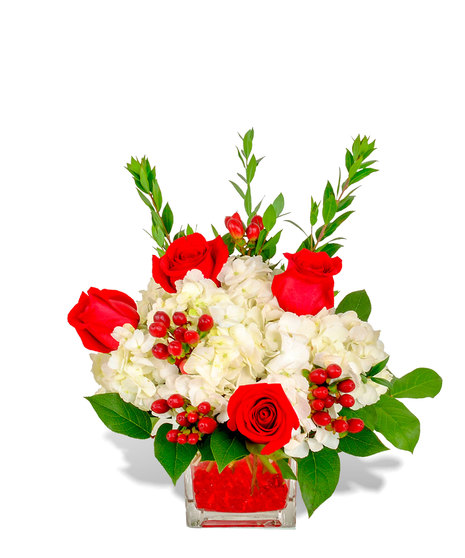 Flowers inspired by the ruby arranged in a cube for july birthdays in Baton Rouge