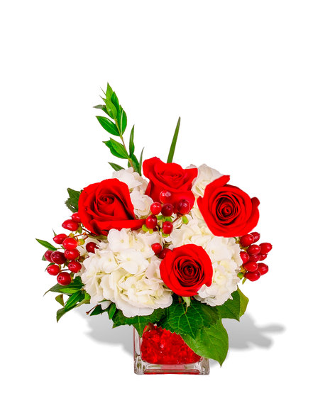 Flowers inspired by the ruby arranged in a cube for july birthdays in Baton Rouge