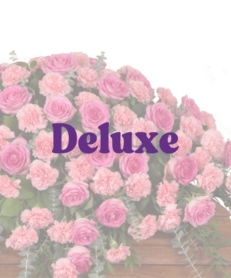 Roses & Carnations Casket Cover with pink roses and pink carnations displayed on a wooden casket