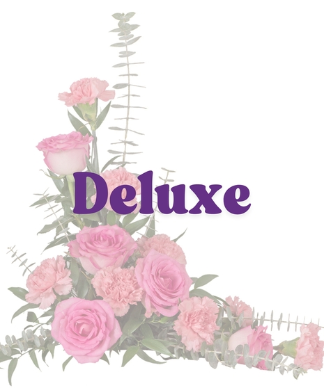 Roses & Carnations Casket Lid Piece with pink roses, pink carnations, and eucalyptus arranged in a triangle shape