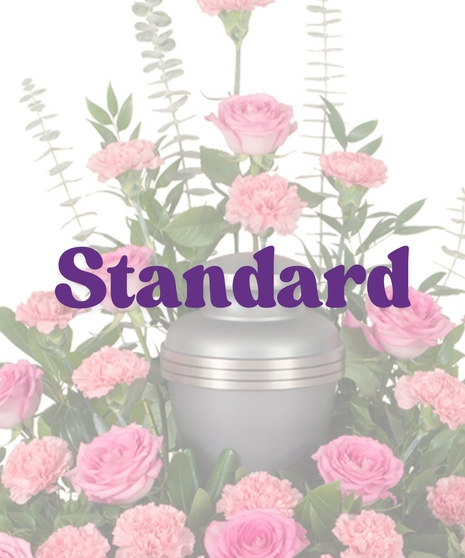 Roses & Carnations Cremation Arrangement with pink roses, pink carnations, eucalyptus, and greenery framing a gold urn