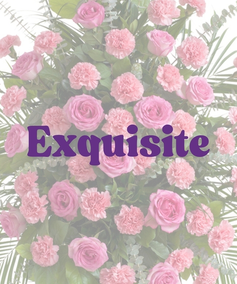 Roses & Carnations Funeral Stand with pink roses, pink carnations, greenery, and eucalyptus on a white easel