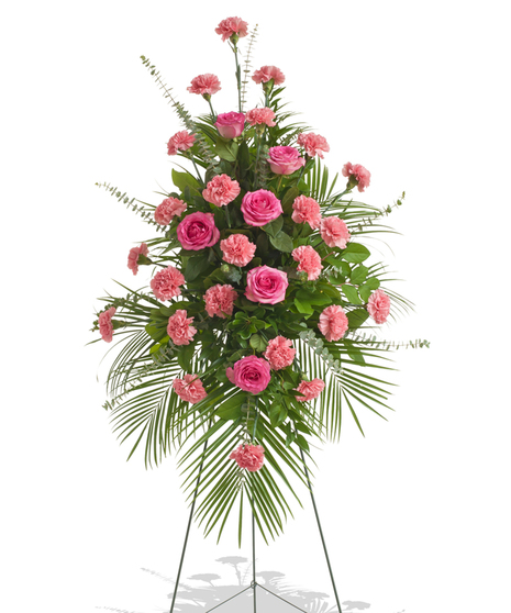 Roses & Carnations Funeral Stand with pink roses, pink carnations, greenery, and eucalyptus on a white easel