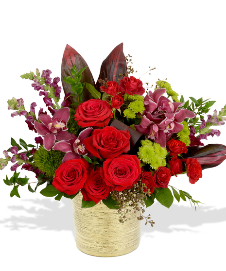 Red roses, spray roses, red cymbidium orchids, burgundy snapdragons and more delivered in Baton Rouge