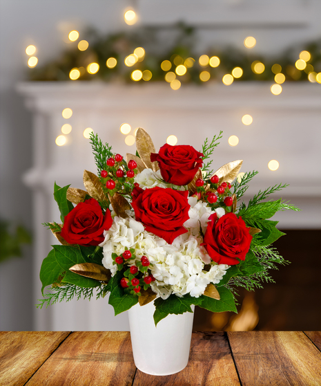 Claus's Choice red and white Christmas flower arrangement with red roses, white hydrangeas, red berries, gilded leaves, and evergreen in a white container