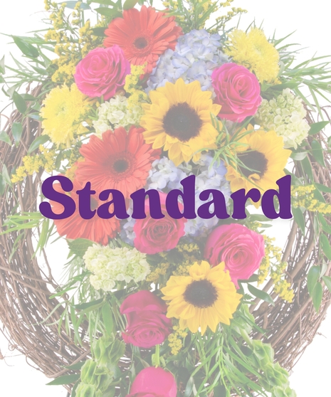 Colorful Rural Beauty Funeral Wreath with Sunflowers, Roses, and Gerbera Daisies on a Grapevine Stand – Billy Heroman’s Baton Rouge