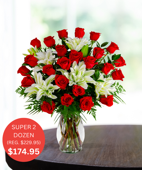 Super 2 Dozen Premium Roses & White Lilies - SALE