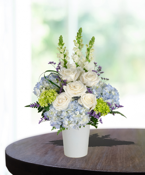 white roses, blue hydrangeas, green hydrangeas, white snapdragons flower arrangement delivered same day in baton rouge, la from Billy Heroman's