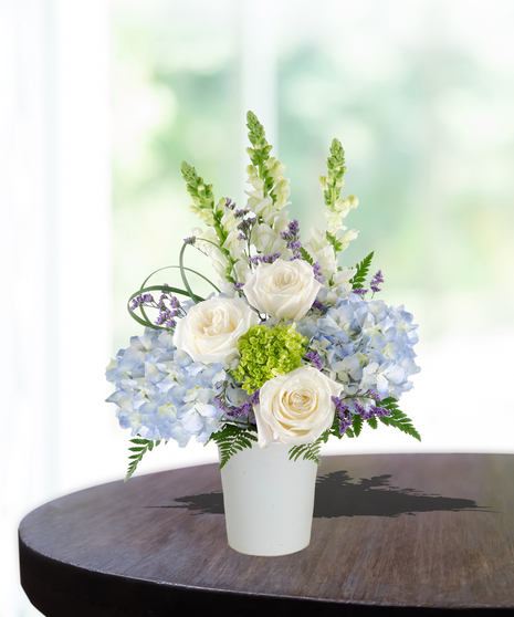 white roses, blue hydrangeas, green hydrangeas, white snapdragons flower arrangement delivered same day in baton rouge, la from Billy Heroman's