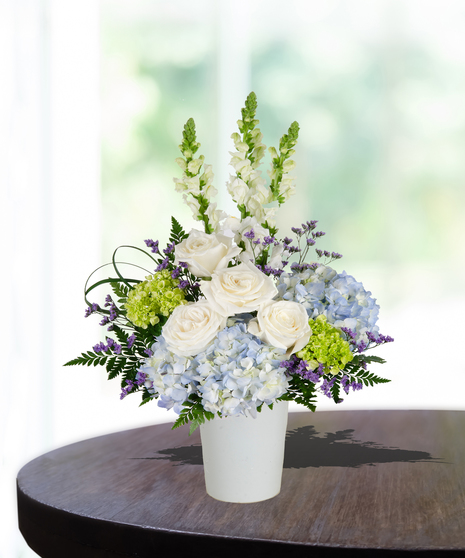 white roses, blue hydrangeas, green hydrangeas, white snapdragons flower arrangement delivered same day in baton rouge, la from Billy Heroman's