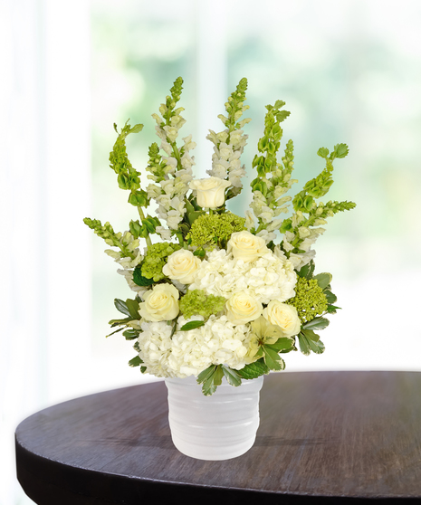 White roses, hydrangeas, snapdragons in Haven Vase from Accent Decor - Billy Heroman's
