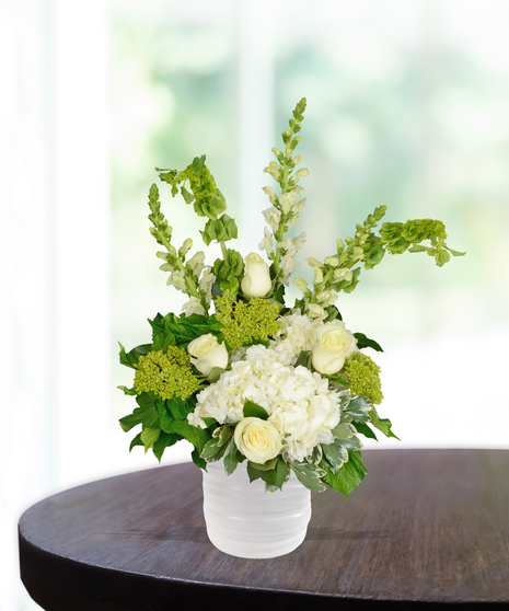 White roses, hydrangeas, snapdragons in Haven Vase from Accent Decor - Billy Heroman's