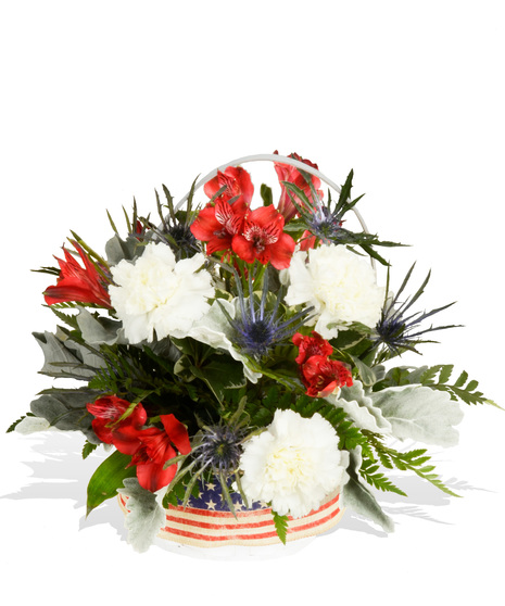 red white blue basket delphinium alstroemeria carnations  Baton Rouge, LA