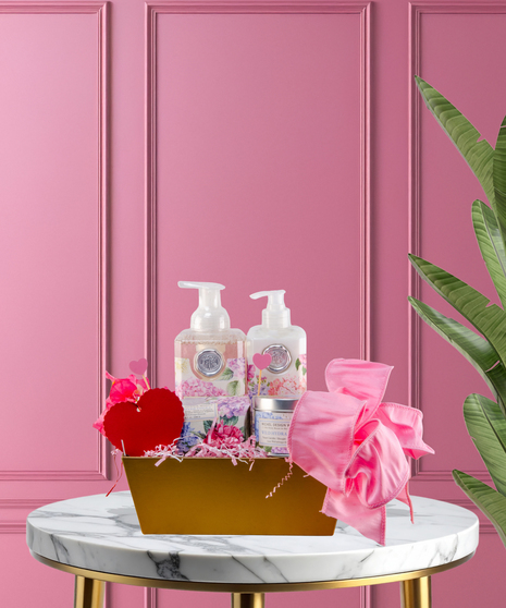 Spa Time, My Valentine Bath & Body Gift Set featuring Michel Design Works Butterfly Fields fragrance products in a woven basket, accented with a pink rose.