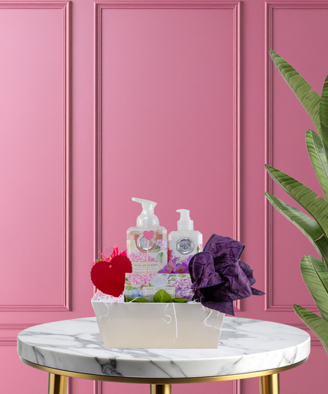 Spa Time, My Valentine Bath & Body Gift Set featuring Michel Design Works Butterfly Fields fragrance products in a woven basket, accented with a pink rose.