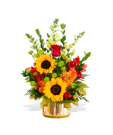 red roses yellow snapdragons sunflowers green button poms autumn fall arrangement delivered same day billy heroman's  baton rouge florist
