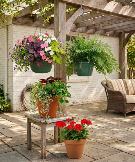 Outdoor patio scene with  pre-planted container gardens including hanging baskets, floor planters with pink geraniums, green foliage, illustrating the Instant Patio Package.
