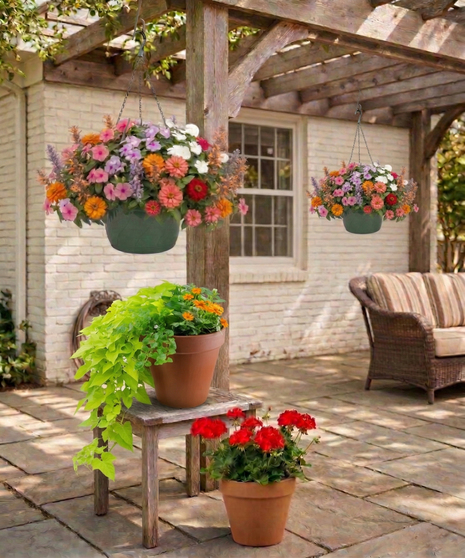 Outdoor patio scene with  pre-planted container gardens including hanging baskets, floor planters with pink geraniums, green foliage, illustrating the Instant Patio Package.