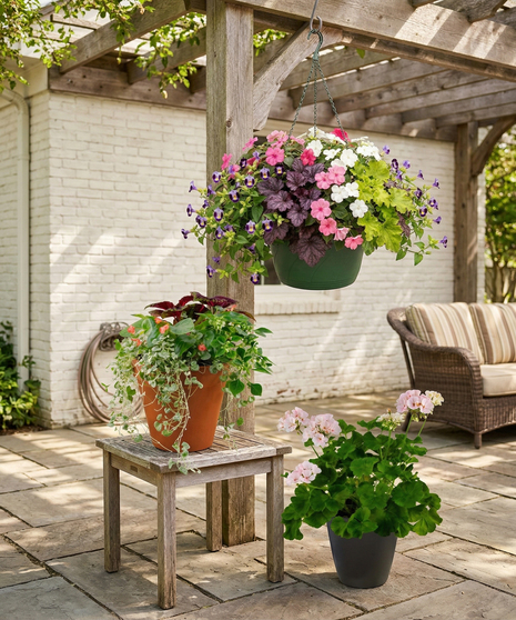 Outdoor patio scene with  pre-planted container gardens including hanging baskets, floor planters with pink geraniums, green foliage, illustrating the Instant Patio Package.