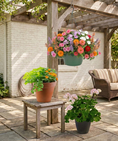Outdoor patio scene with  pre-planted container gardens including hanging baskets, floor planters with pink geraniums, green foliage, illustrating the Instant Patio Package.