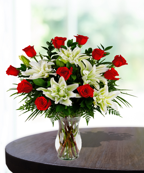 Super 1 Dozen Premium Roses & White Lilies