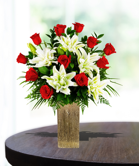 Any Color One Dozen Roses with Greenery in a Designer Keepsake Vase