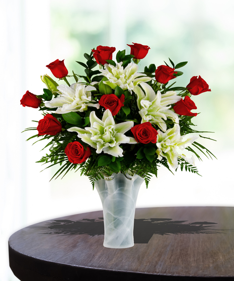 Any Color One Dozen Roses with Greenery in a Designer Keepsake Vase
