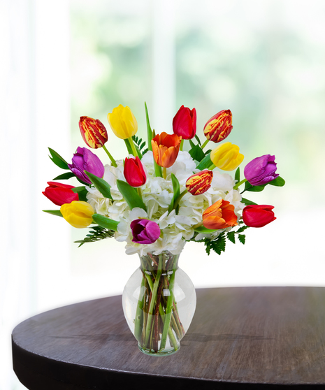 Trick-R-Tulips arrangement with colorful tulips and white hydrangeas in a clear glass vase