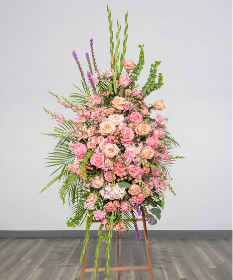 Tall funeral standing spray with pink roses, snapdragons, carnations, and lush greenery on an easel – Tender Blush Suite by Billy Heroman’s