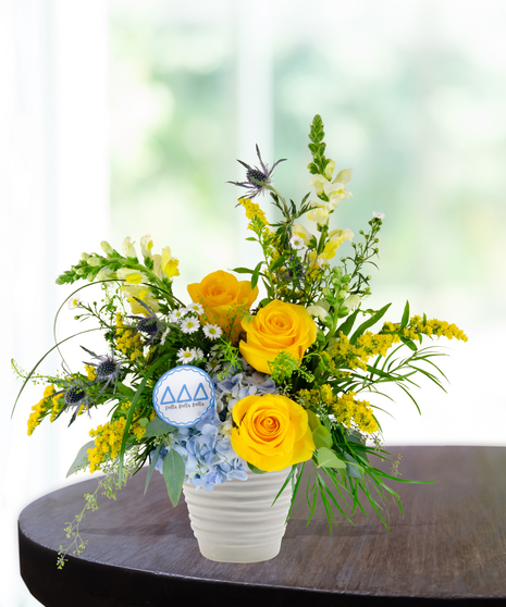 tri delta yellow rose cube with gold and blue ribbon sorority rush week baton rouge la