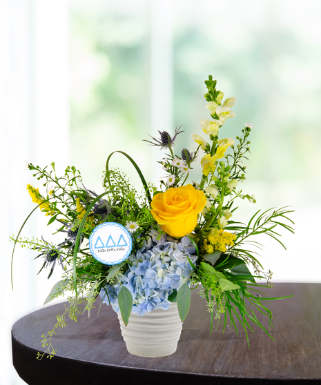tri delta yellow rose cube with gold and blue ribbon sorority rush week baton rouge la