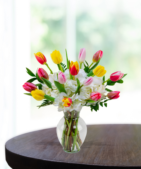Tulip Clouds flower arrangement with yellow, pink, and red tulips emerging from white hydrangeas in a tall glass vase.