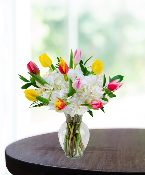 Tulip Clouds flower arrangement with yellow, pink, and red tulips emerging from white hydrangeas in a tall glass vase.