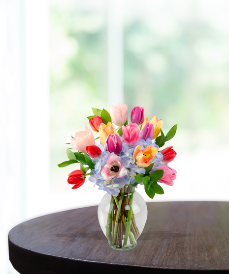 Tulip Treasures floral arrangement featuring a colorful variety of red, pink, yellow, and purple tulips mixed with blue hydrangeas in a clear glass vase.