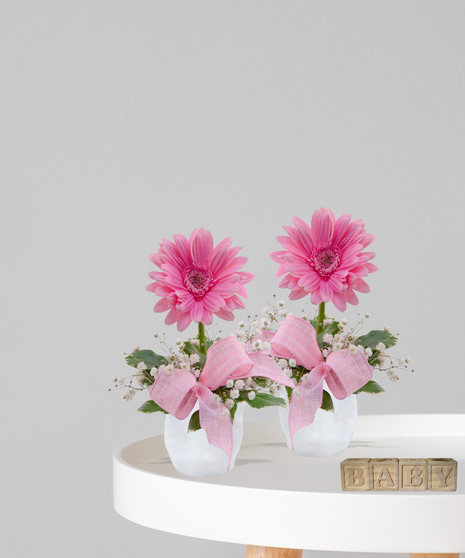 Double Darlings twin baby girl flower arrangements with pink gerbera daisies, baby’s breath, and gingham bows in white vases