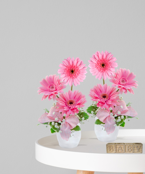 Double Darlings twin baby girl flower arrangements with pink gerbera daisies, baby’s breath, and gingham bows in white vases