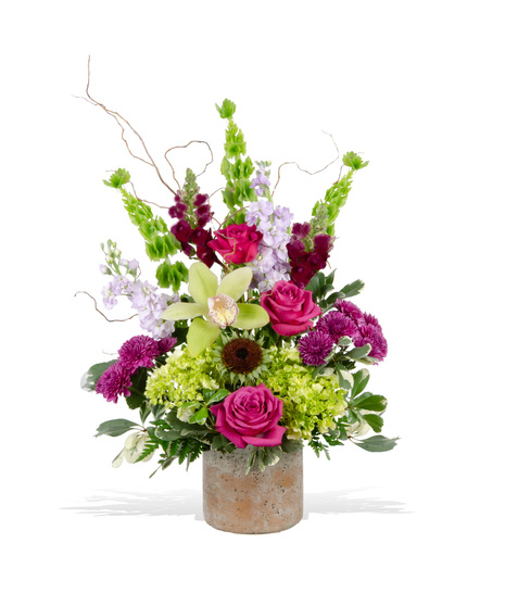 green cymbidium, purple snapdragons, lavender stock, green hydrangea, blueberry roses delivered same day in Baton Rouge, LA-Billy Heroman's