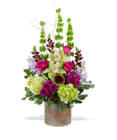 green cymbidium, purple snapdragons, lavender stock, green hydrangea, blueberry roses delivered same day in Baton Rouge, LA-Billy Heroman's