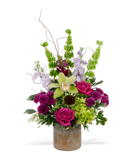 green cymbidium, purple snapdragons, lavender stock, green hydrangea, blueberry roses delivered same day in Baton Rouge, LA-Billy Heroman's