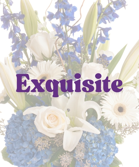 Sympathy vase with white roses, lilies, and blue hydrangeas, accented with blue ribbon and curly willow