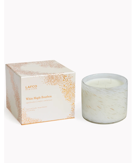 LAFCO White Maple Bourbon candle and box with ivory glass and warm-toned packaging