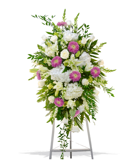Lavender and white standing spray with roses, hydrangeas, and Fuji mums on easel from Billy Heroman’s